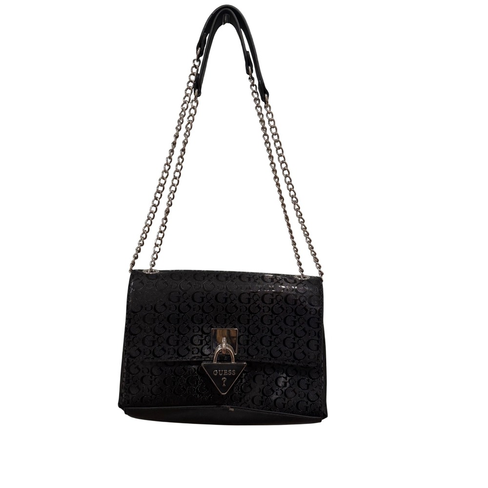 Guess Black Monogram Logo Shoulder Bag Silver Chain Strap Padlock Charm